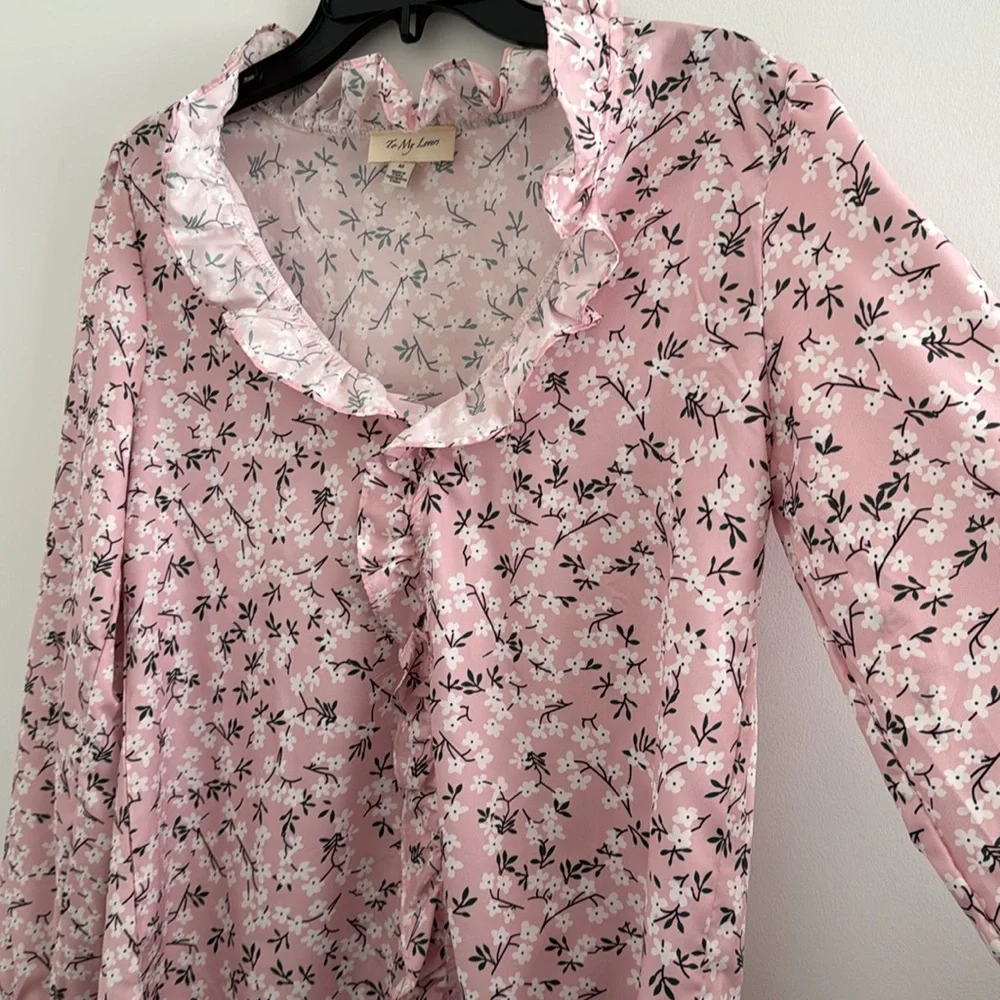 To My Lovers Women’s Top Ruffle Collar Blouse Floral Print Puff Sleeve - Picture 10 of 16